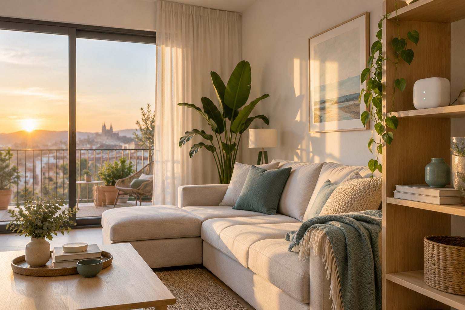 Salón luminoso de un piso al atardecer con un pequeño hub de alarma blanco en la estantería