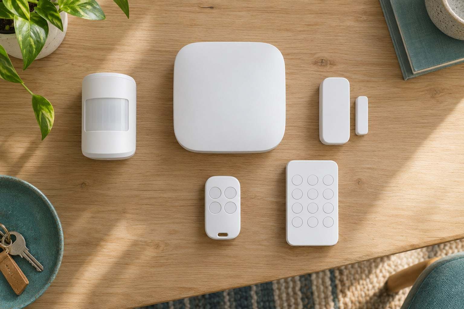 Kit de alarma inalámbrico sin marca sobre una mesa: central, sensor de puerta, detector de movimiento, mando y teclado